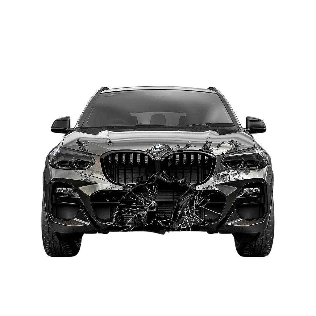 Modern Black Damaged Car Front View PNG
