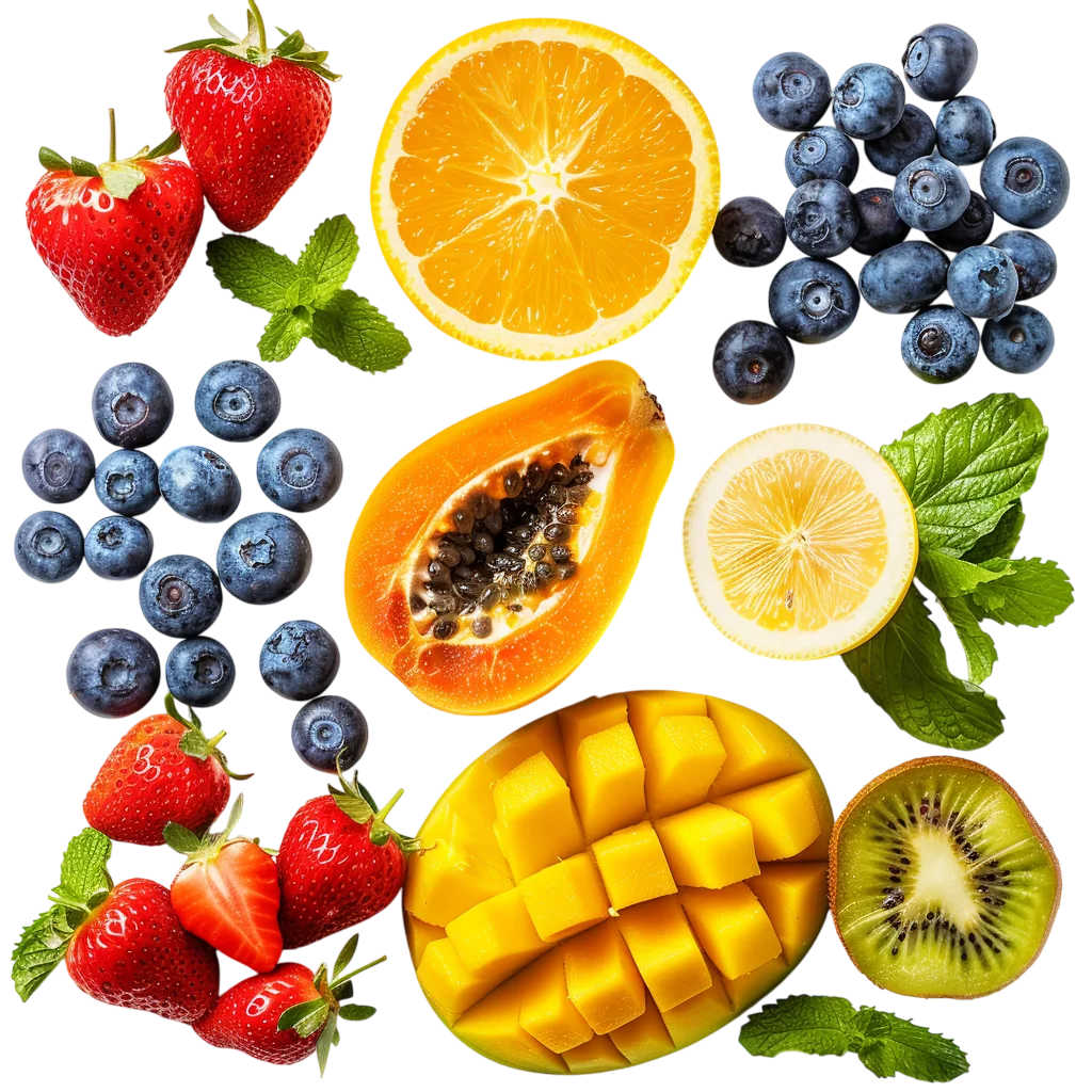 Fresh Mixed Tropical Fruits Flatlay PNG