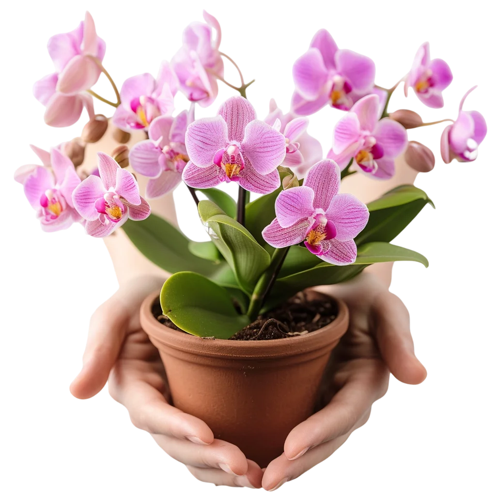 Hands Holding a Blooming Pink Orchid Plant Free PNG