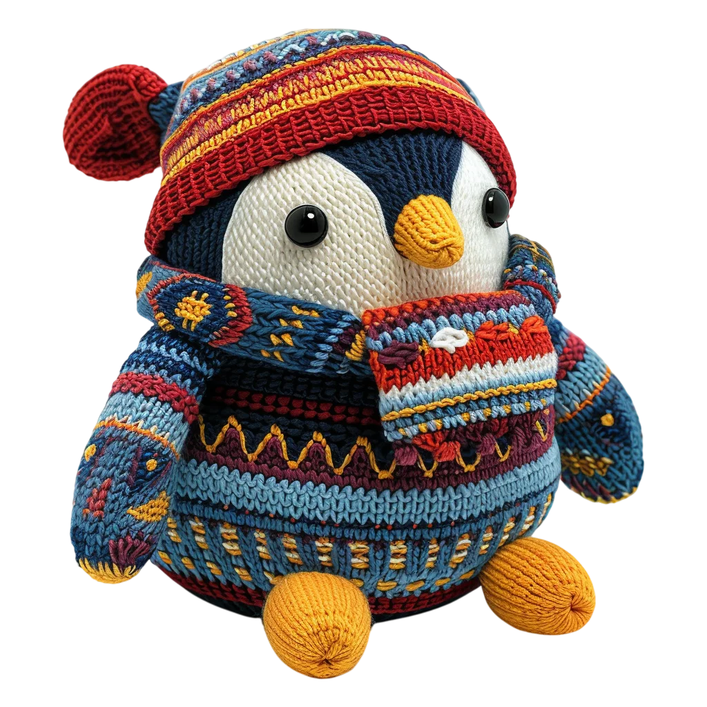 Cute Knitted Penguin Toy In Scarf PNG