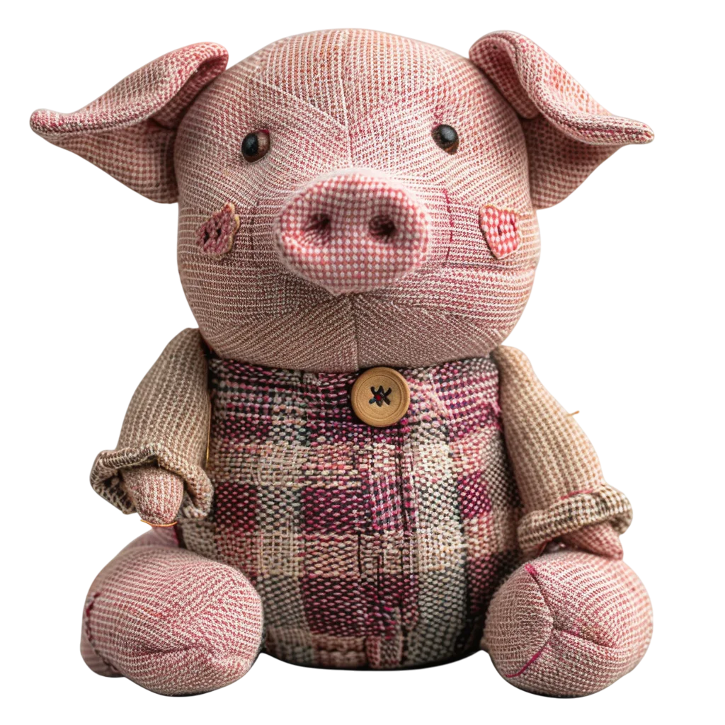 Cute Stuffed Pig Toy In Checked Shirt PNG