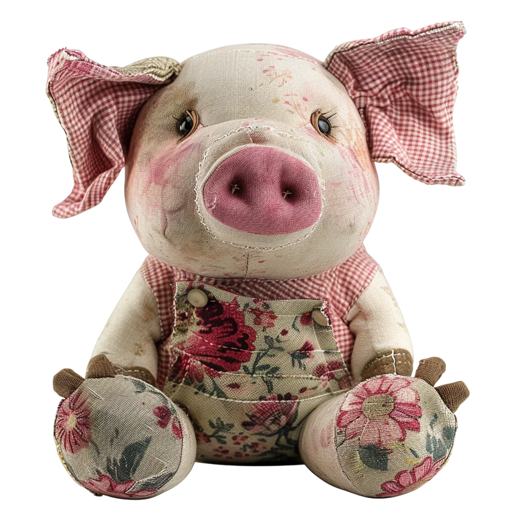 Cute Stuffed Pig Toy In Floral Dress PNG