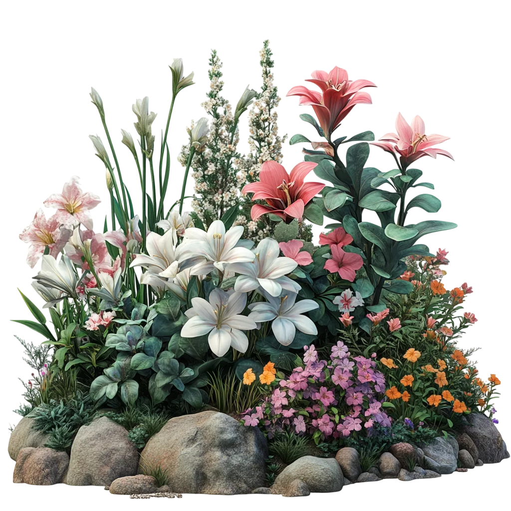 Lush Flower Garden Bed with Lilies and Stone Border Free PNG