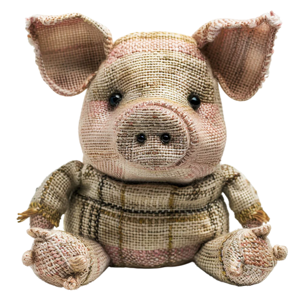 Cute Stuffed Pig Toy In Plaid Outfit PNG