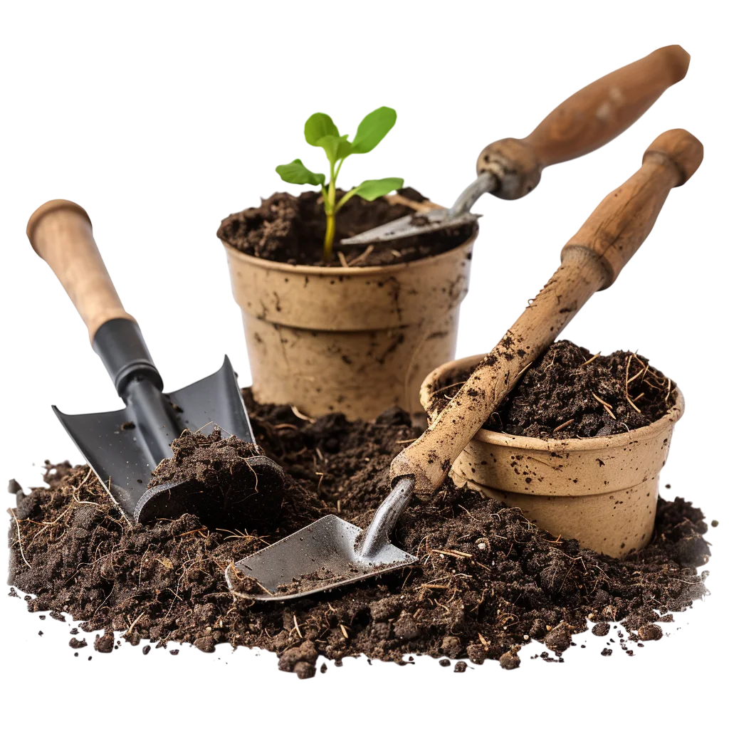 Gardening Soil Pot And Hand Tools PNG