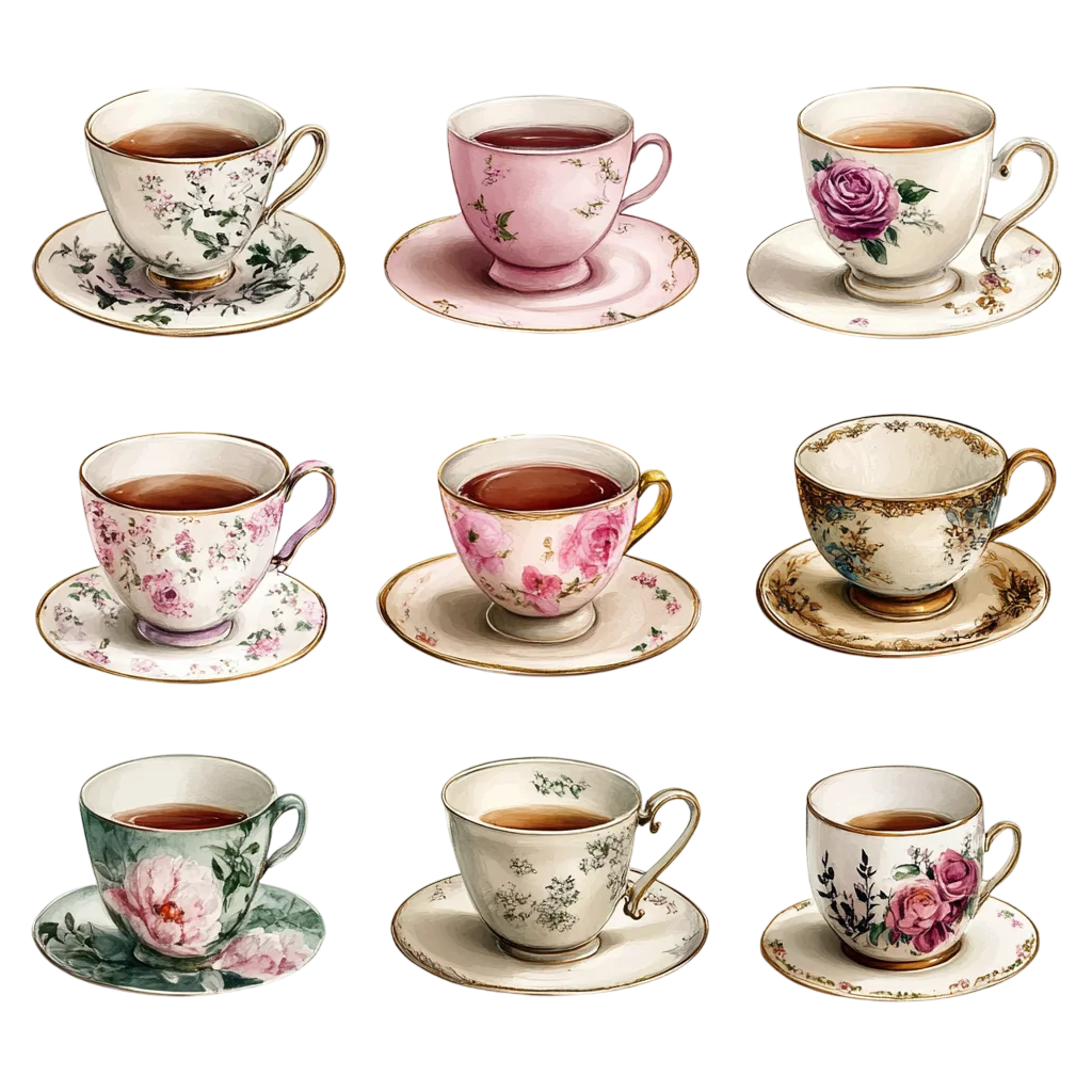 Vintage Tea Cups And Saucers Grid PNG