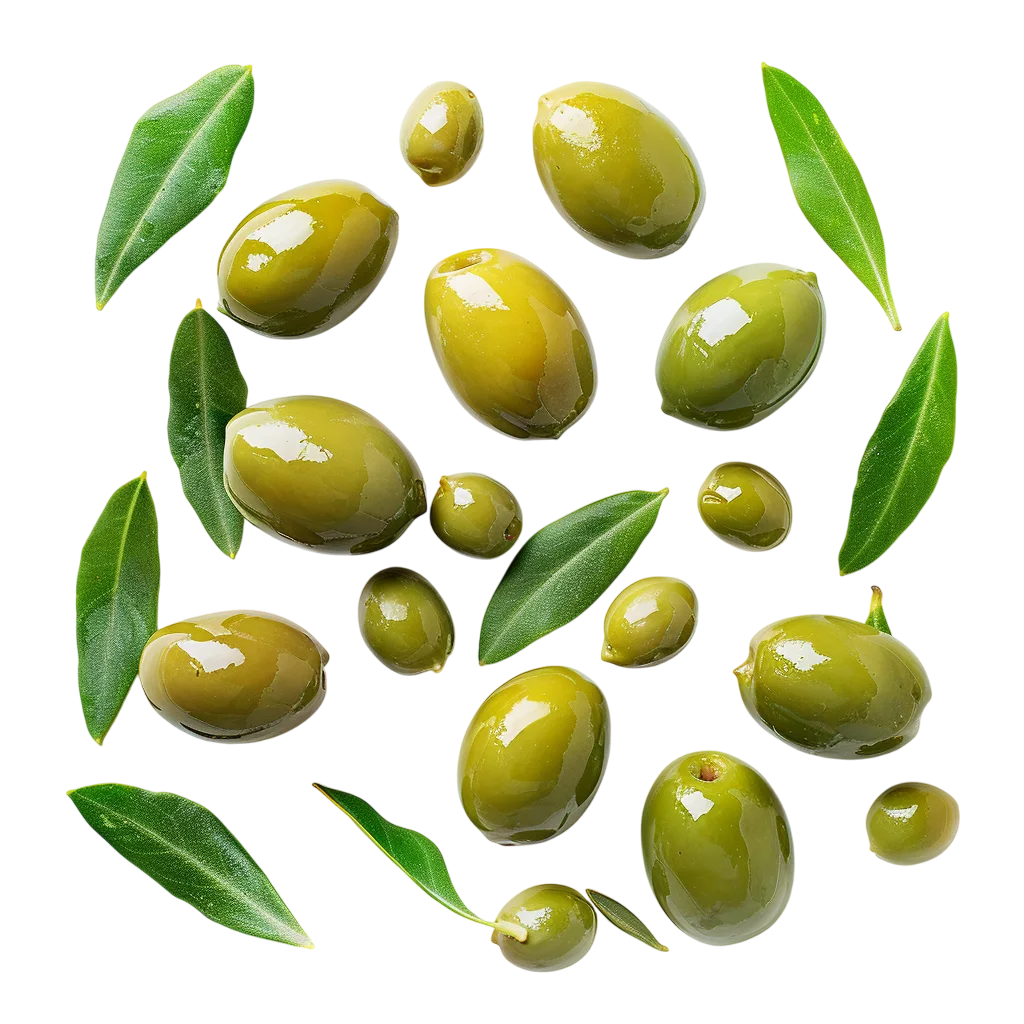 Fresh Green Olives Scattered With Leaves PNG