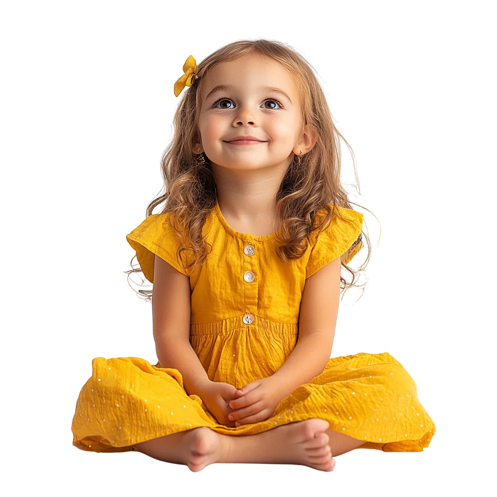 Smiling Little Girl Sitting In Yellow Dress PNG