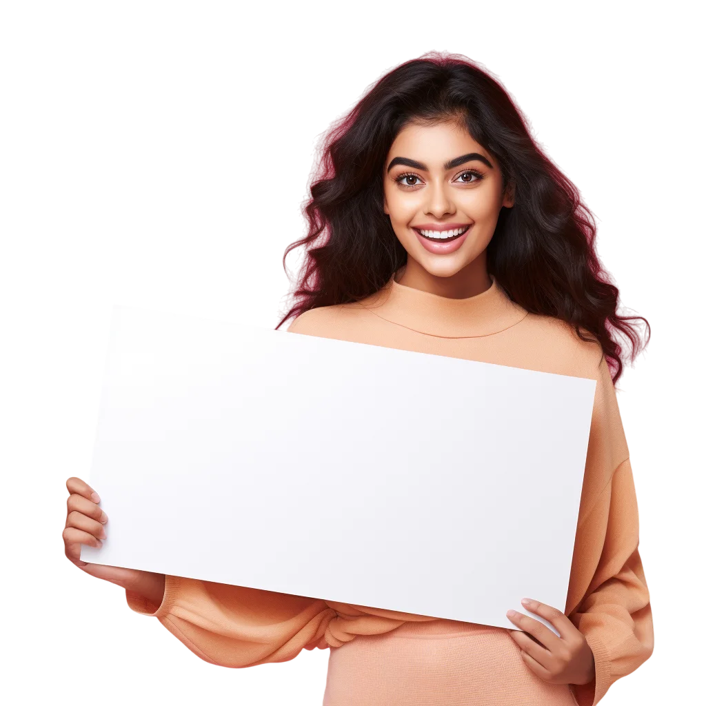 Smiling Woman Holding White Signboard PNG