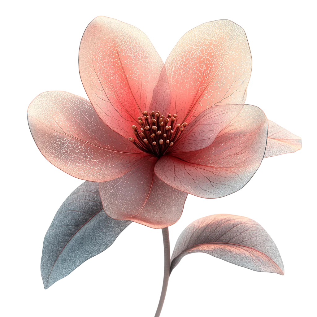 Coral Pink Flower with Veined Petals and Leaves Free PNG