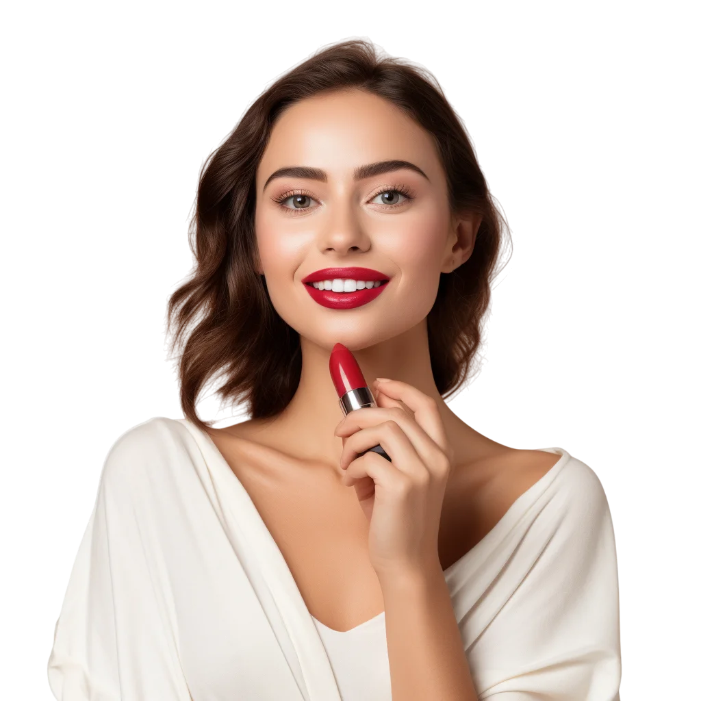Woman Applying Lipstick with White Top Free PNG Image