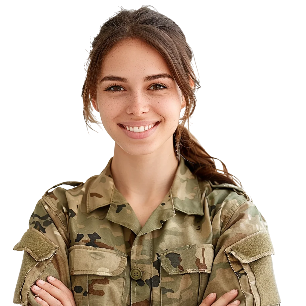 Smiling Woman In Army Camouflage Gear PNG