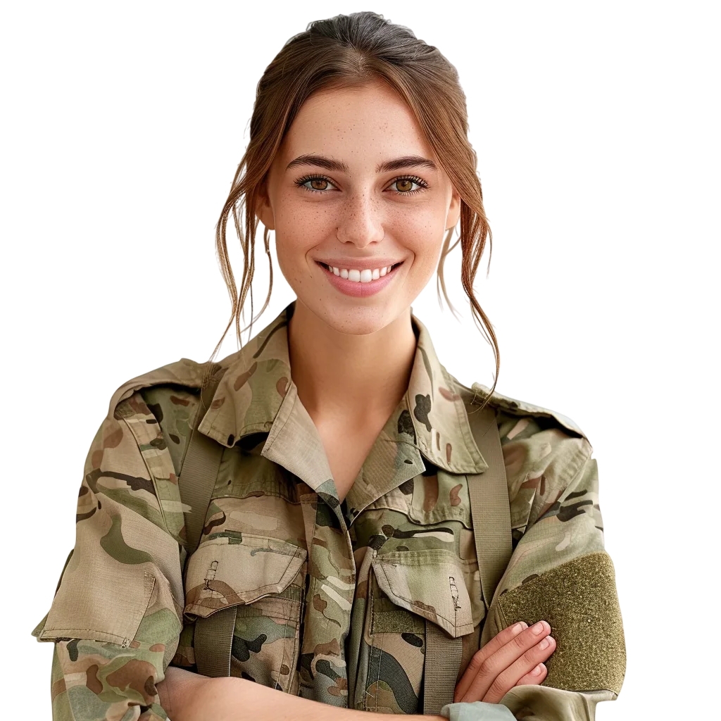 Smiling Female Soldier In Camouflage PNG