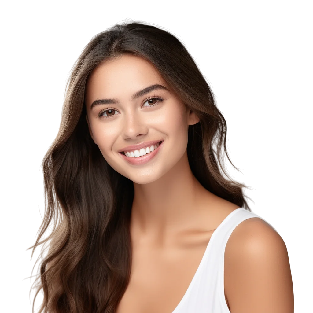 Smiling Young Woman Dark Hair White Top PNG