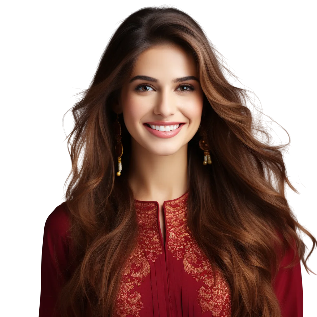 Long Hair Brunette Woman Red Top PNG