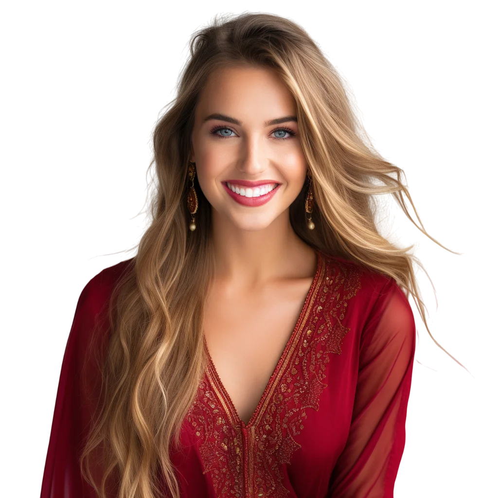 Wavy Brunette Woman Red V Neck Free PNG