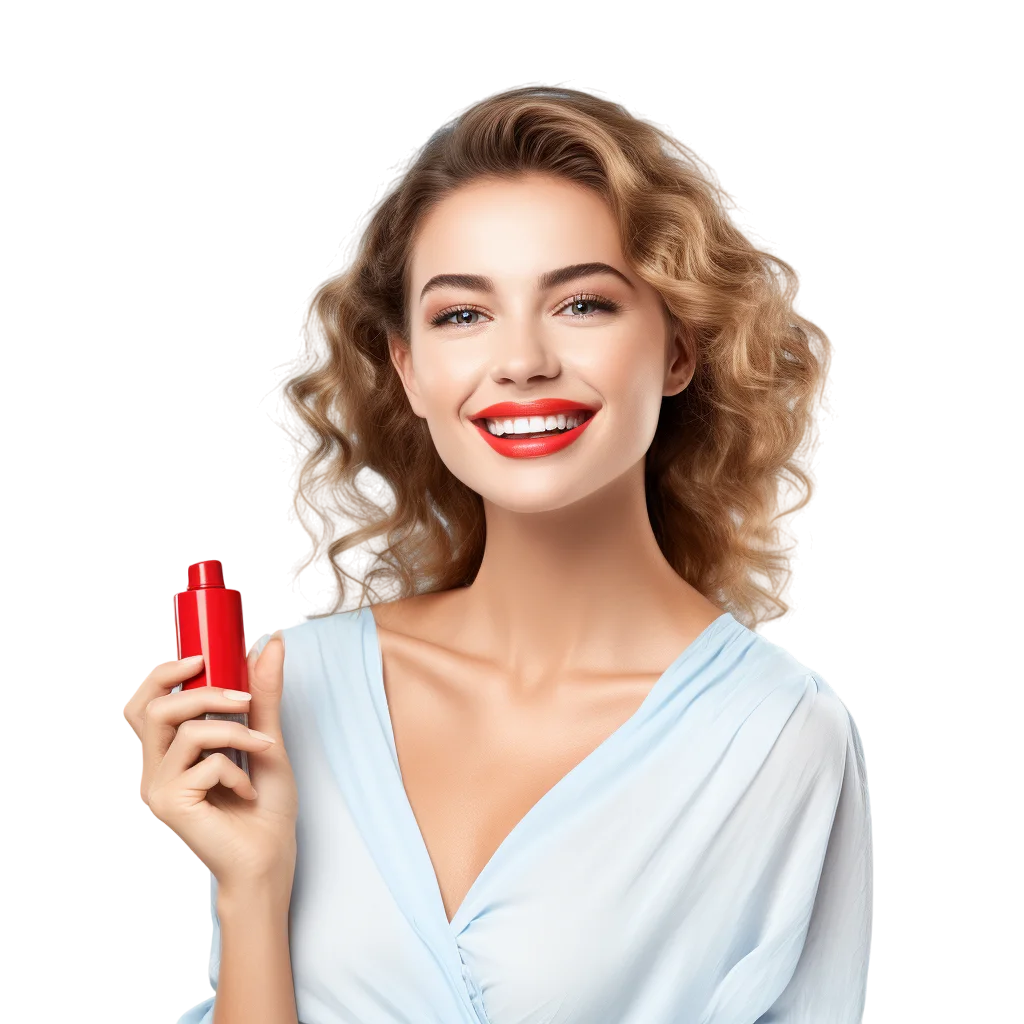 Woman Holding Red Lipstick in Blue Top Free PNG Image