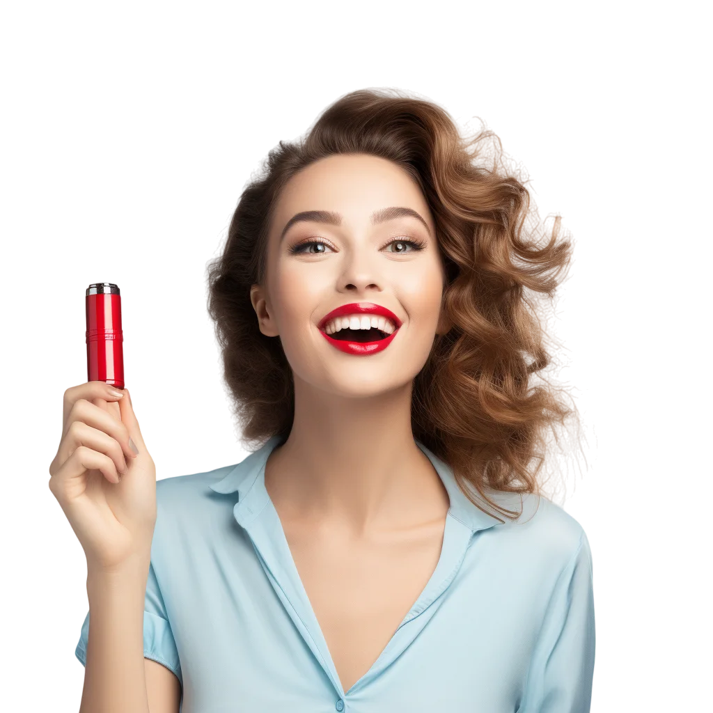 Woman Holding Lipstick in Blue Top Free PNG Image