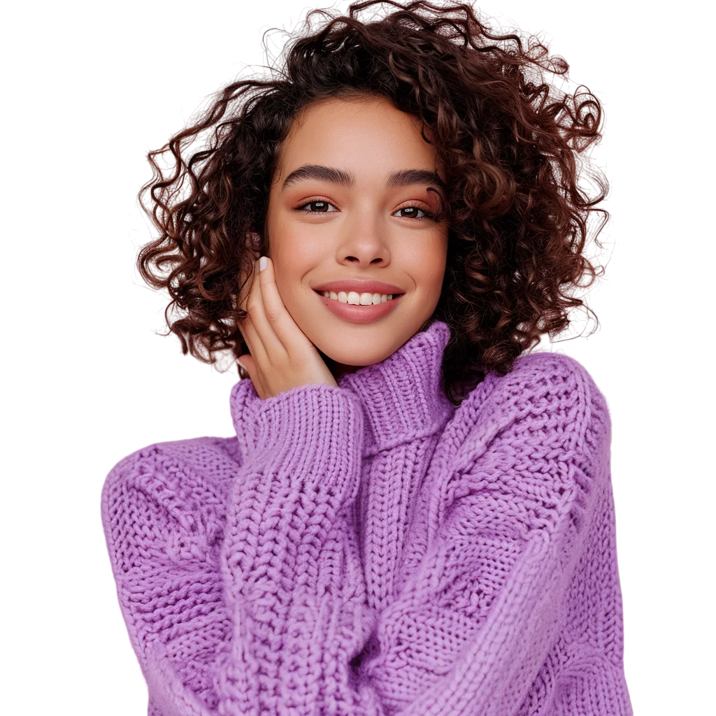 Curly Hair Woman in Purple Turtleneck Free PNG Image