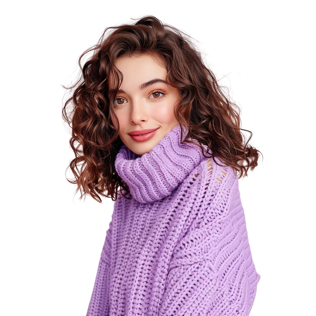 Curly Hair Woman in Purple Sweater Free PNG Image