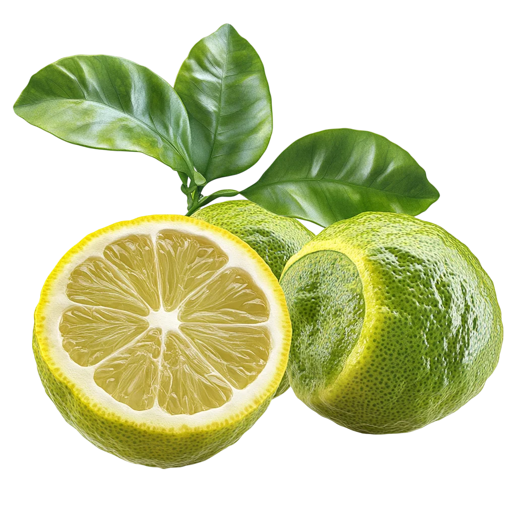 Fresh Lime Fruit Halves And Leaves PNG
