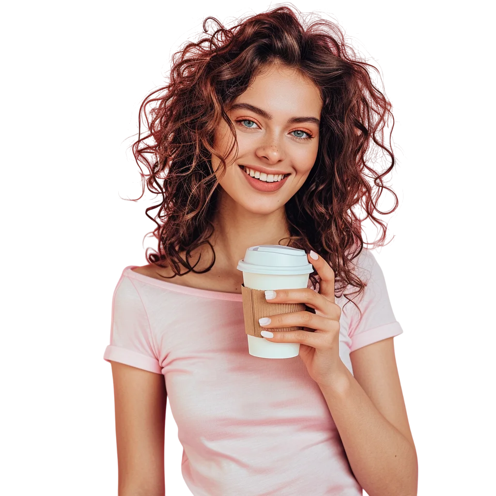 Curly Hair Woman with Coffee Cup Free PNG Image