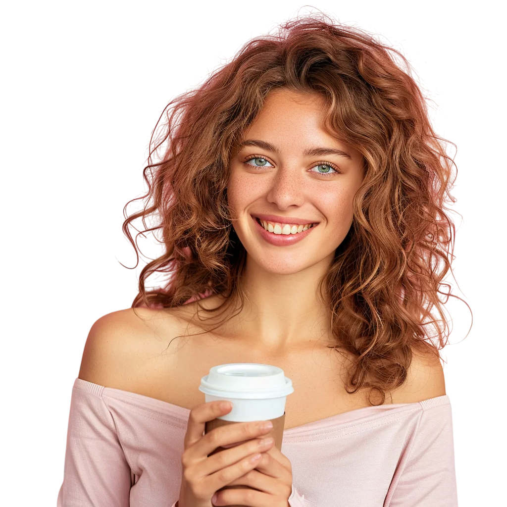 Curly Hair Woman Holding Coffee Cup Free PNG Image