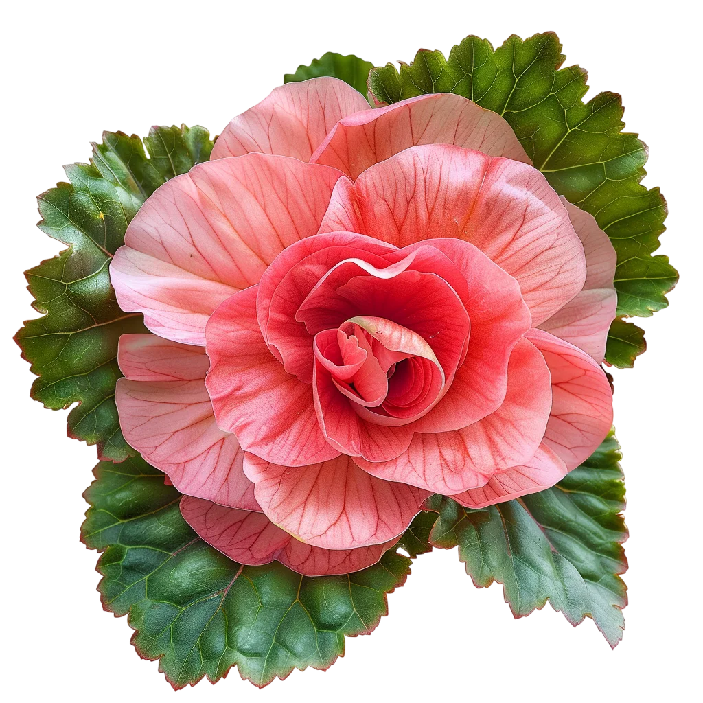 Pink Begonia Flower with Green Leaves Free PNG Image
