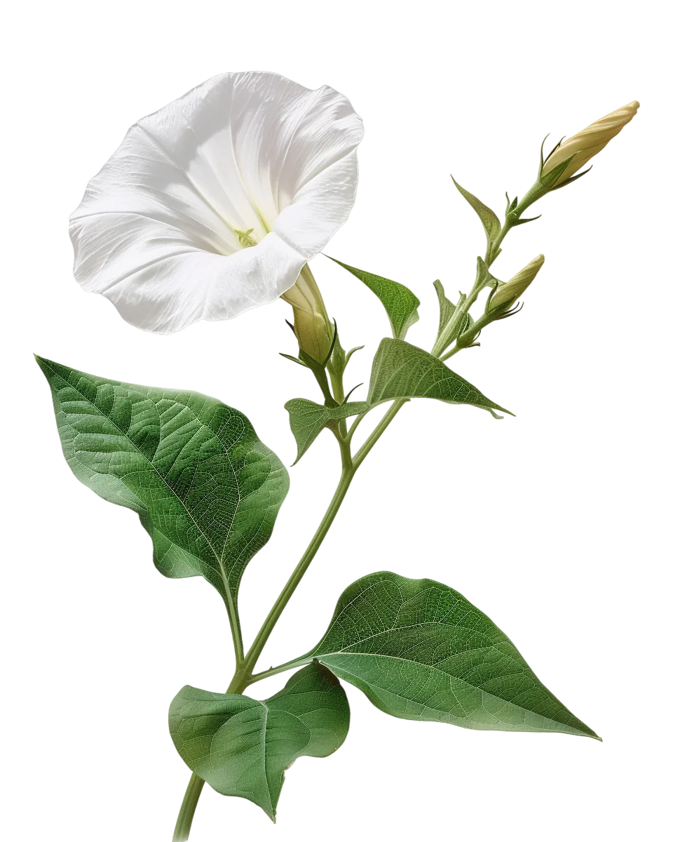 White Morning Glory Flower with Leaves Free PNG Image