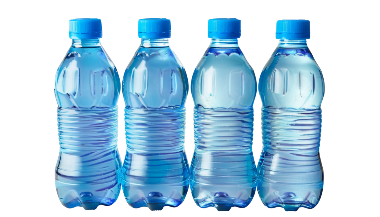 Four Blue Water Bottles Standing Free PNG Image