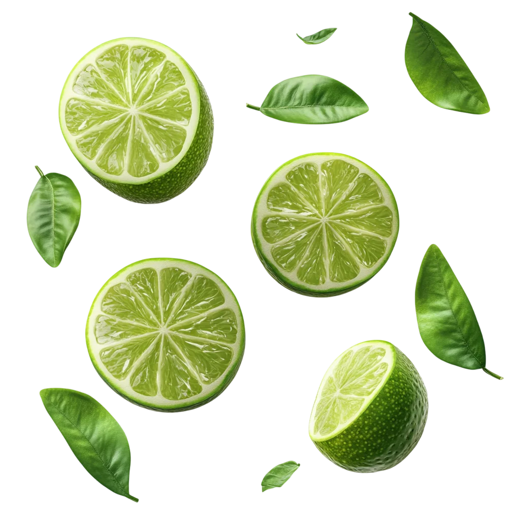 Fresh Sliced Lime Fruits And Leaves PNG