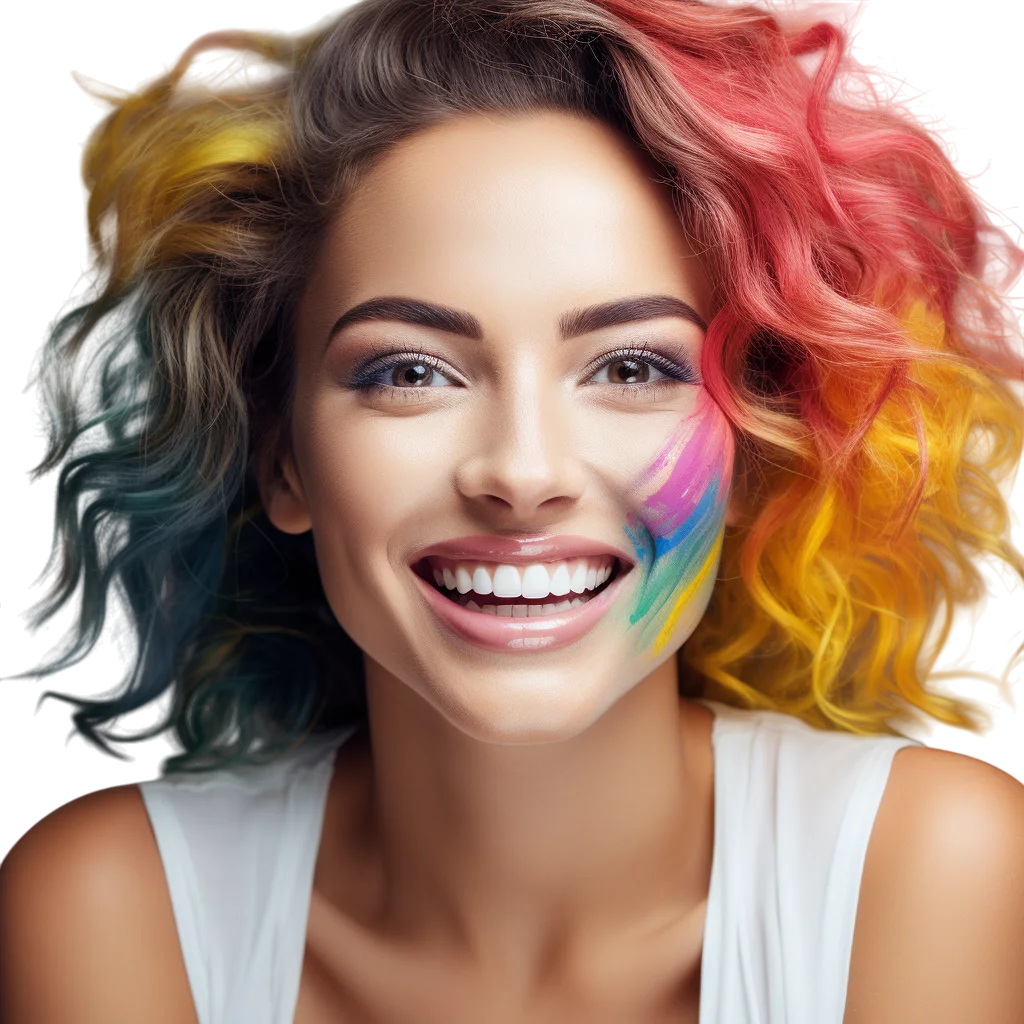 Smiling Woman with Colorful Face Paint PNG