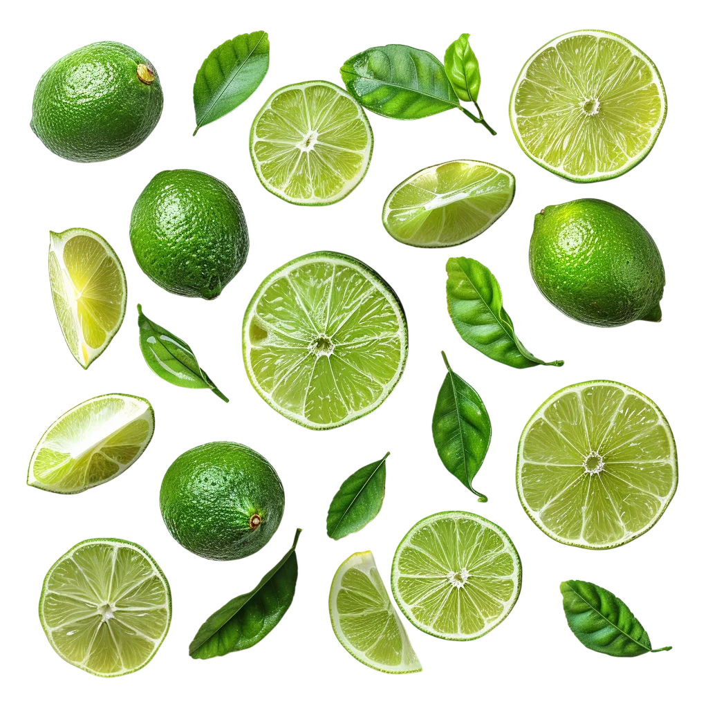 Fresh Lime Slices And Leaves Flatlay Pattern PNG
