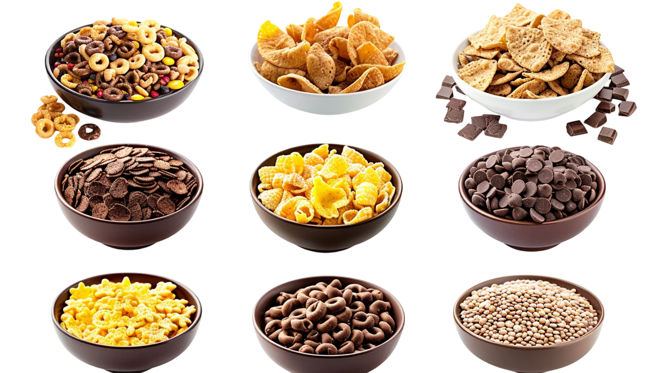 Assorted Bowls of Cereal and Nuts Free PNG