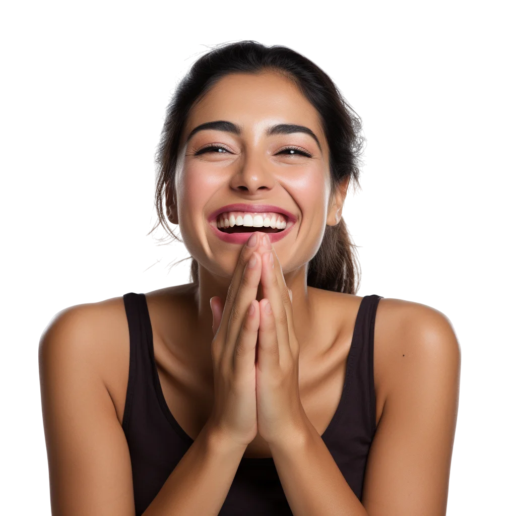 Smiling Woman with Hands Together Free PNG Image