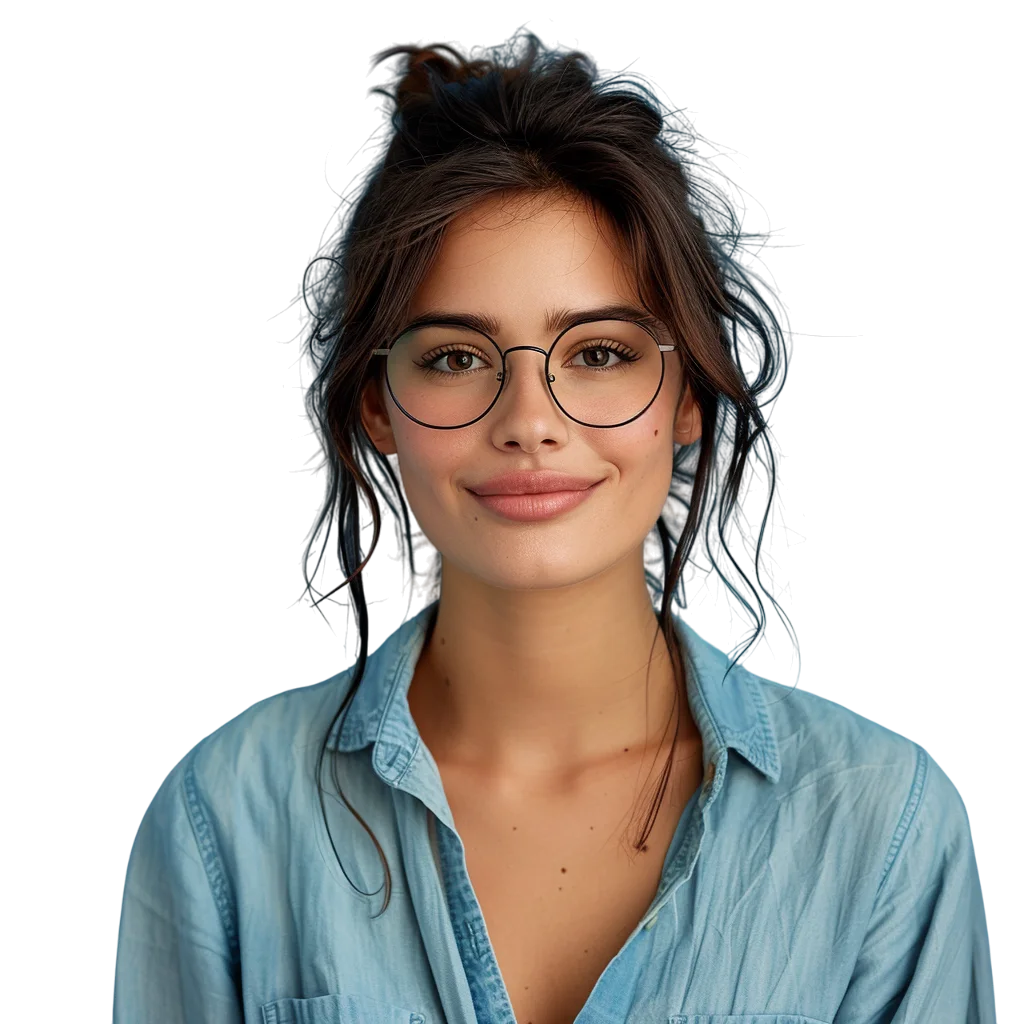Smiling Woman with Glasses and Denim Shirt Free PNG