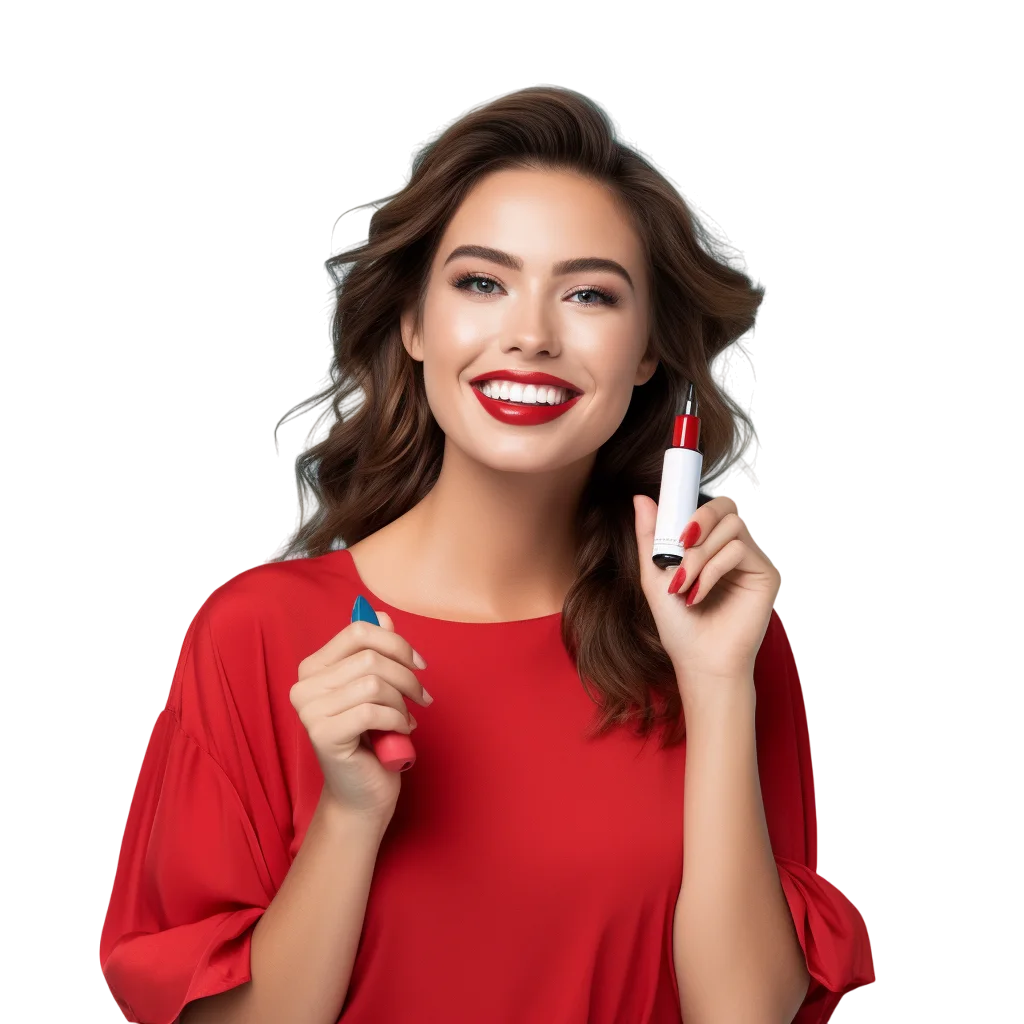 Woman in Red Top Holding Lipstick Free PNG Image