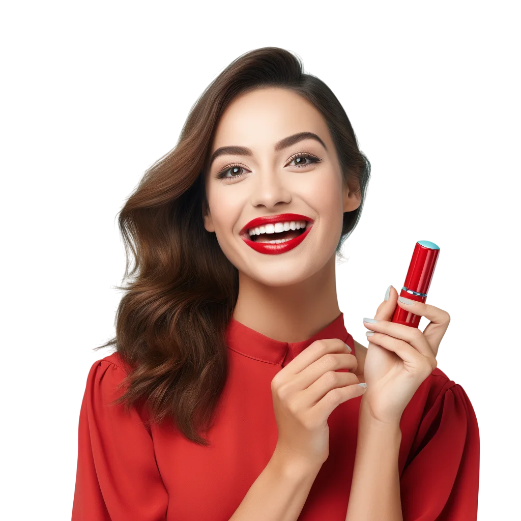 Woman in Red Top Holding Lipstick Free PNG Image