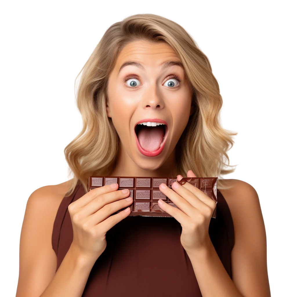 Smiling Woman Eating Chocolate Bar Free PNG