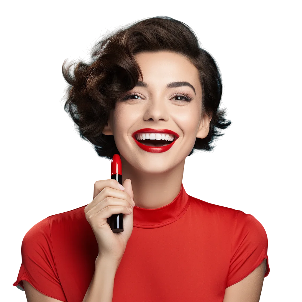Smiling Woman in Red Top Holding Lipstick Free PNG