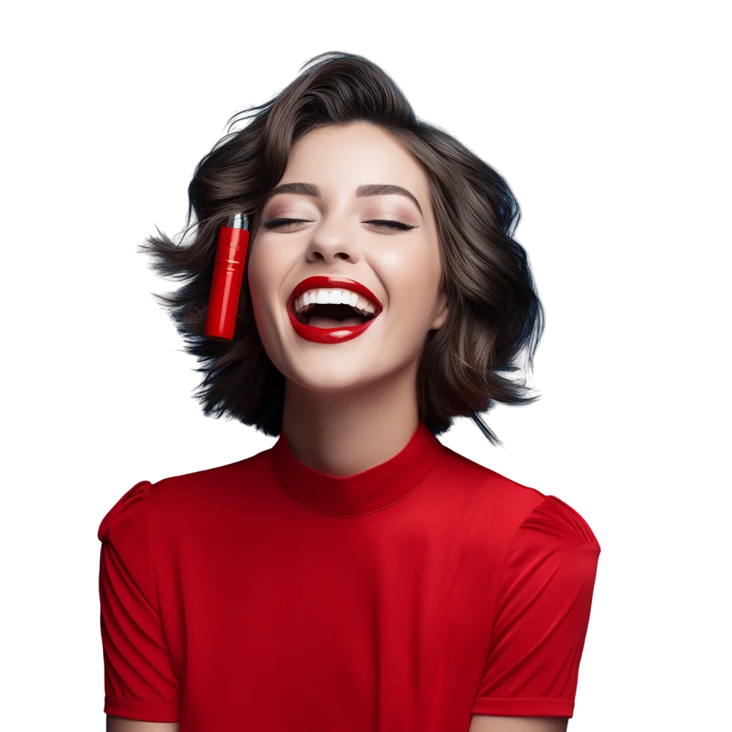 Smiling Woman in Red Top Holding Lipstick PNG