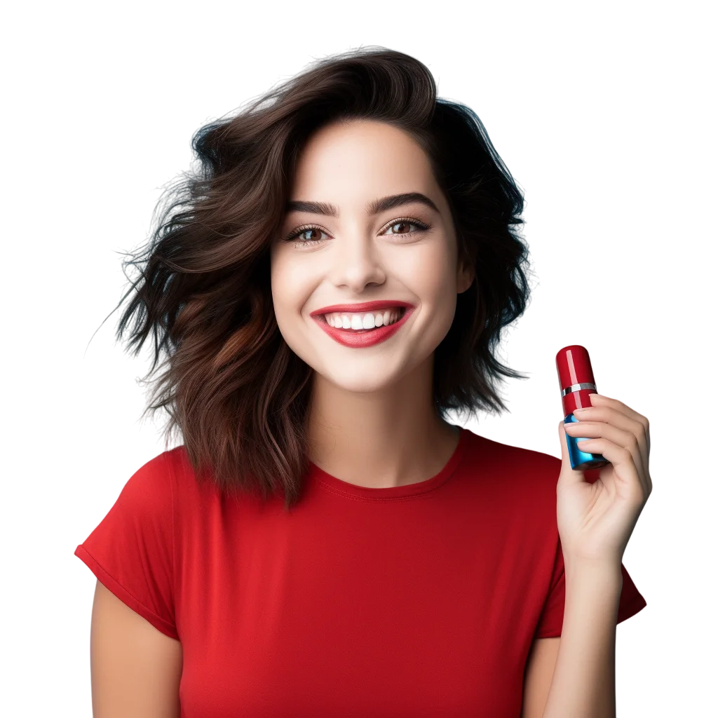 Smiling Woman in Red Top with Lipstick Free PNG