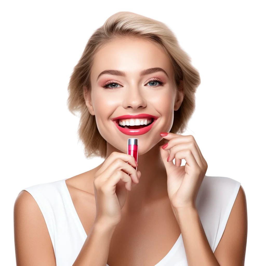 Smiling Blonde Woman Holding Lipstick Free PNG