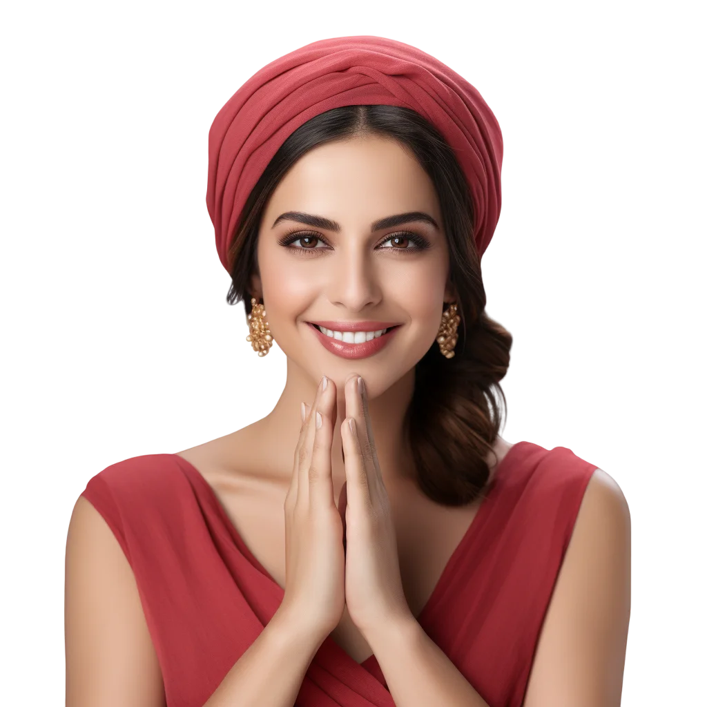 Smiling Woman in Red Dress with Hands Together Free PNG