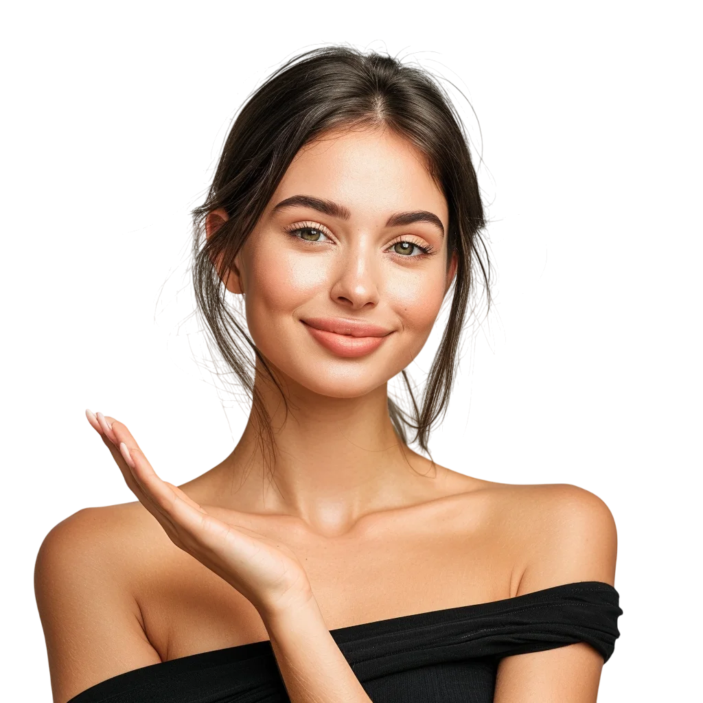 Smiling Woman Presenting Product Free PNG Image