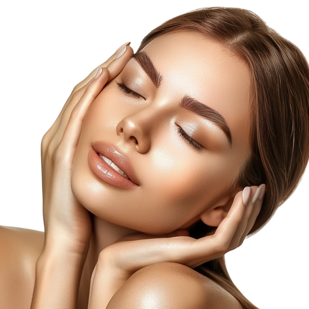 Smiling Woman Touching Face Portrait Free PNG