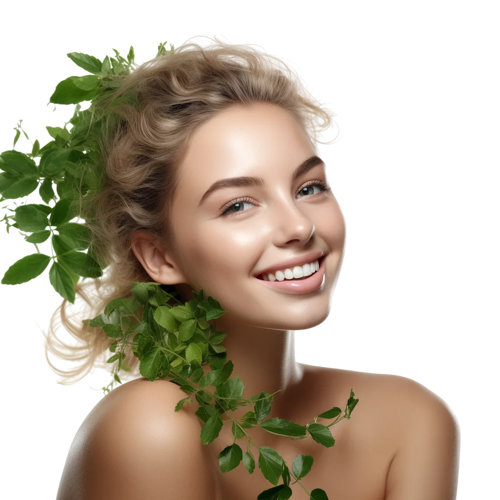Smiling Woman with Green Leaves Free PNG Stock