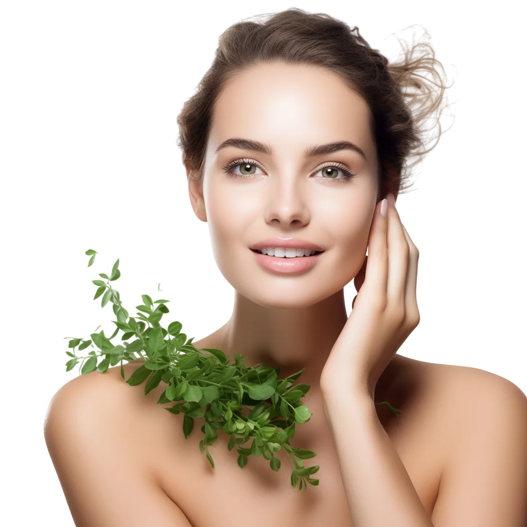 Smiling Woman with Green Leaves Free PNG Image