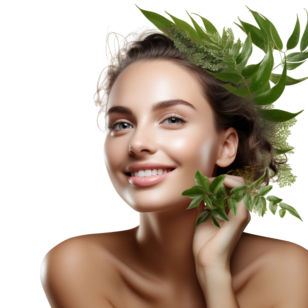 Smiling Woman with Green Leaves Free PNG Image
