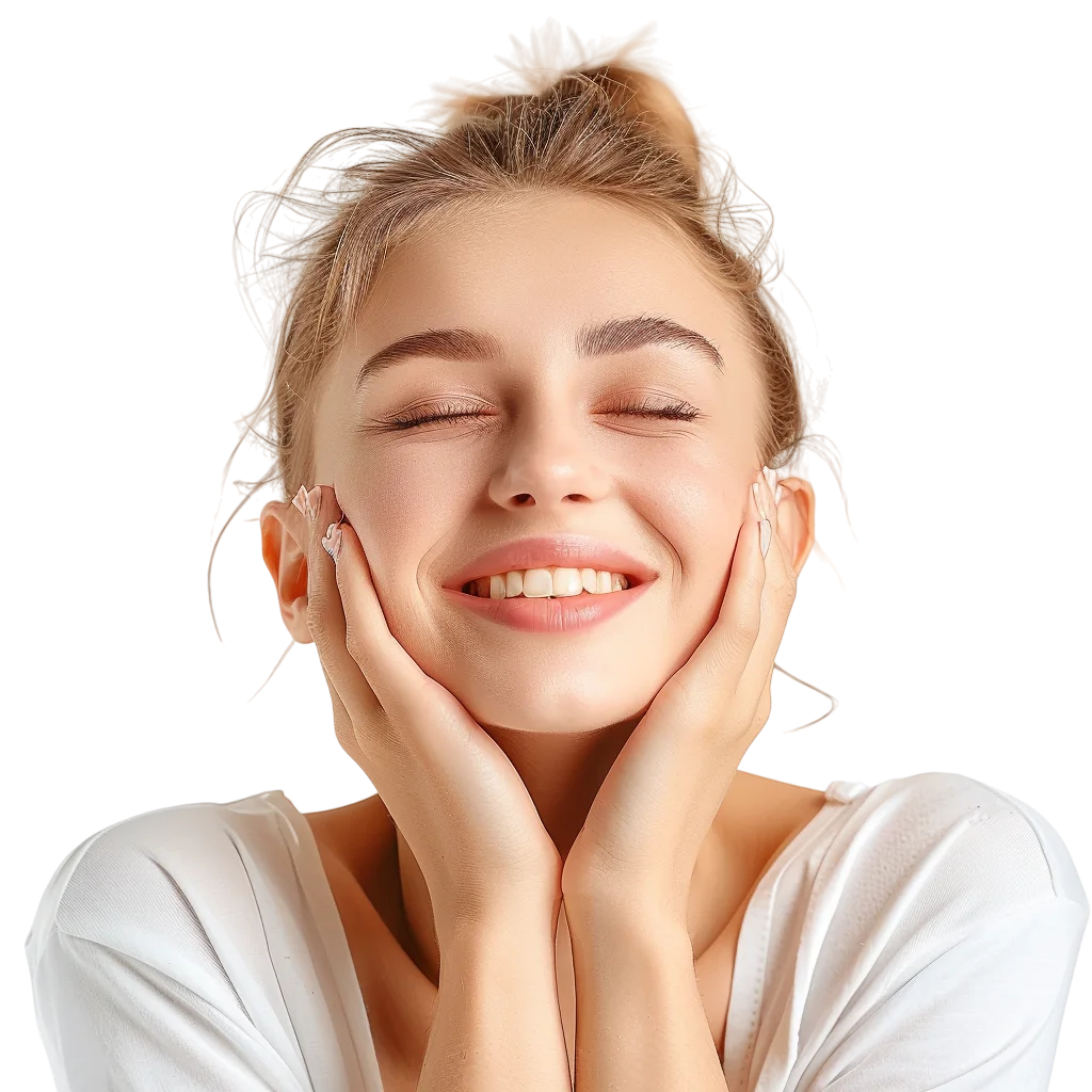 Smiling Woman with Hands on Face Free PNG